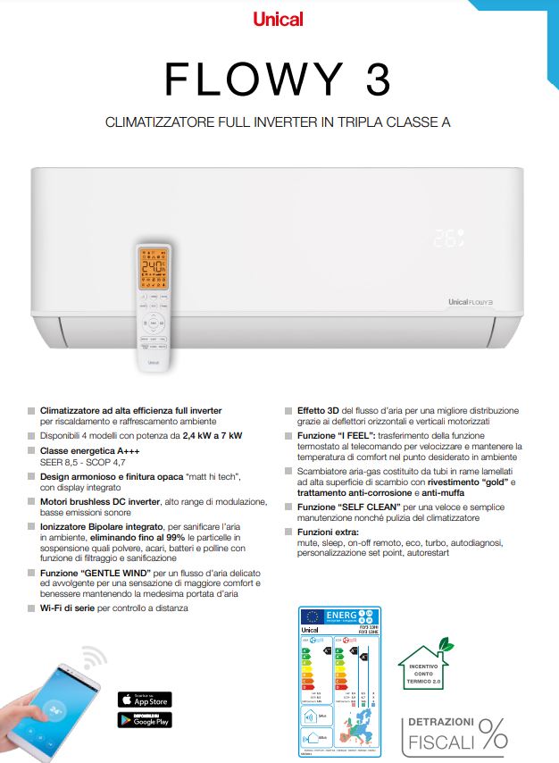 Climatizzatore Condizionatore Unical FLOWY A+++ 9000 TRIPLA CLASSE A WIFI + IONIZZATORE